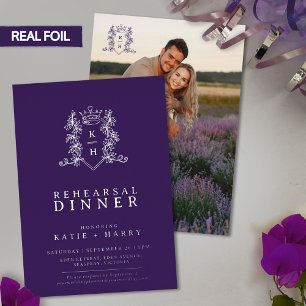 Monogramm lila Hochzeitsessen Probe Folieneinladung