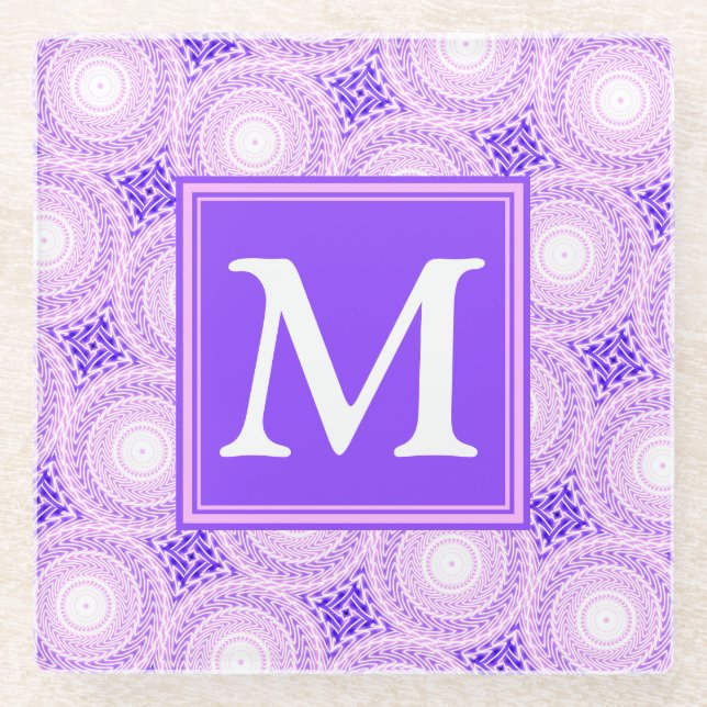 Monogramm lila Kreismuster Glasuntersetzer (Vorderseite)