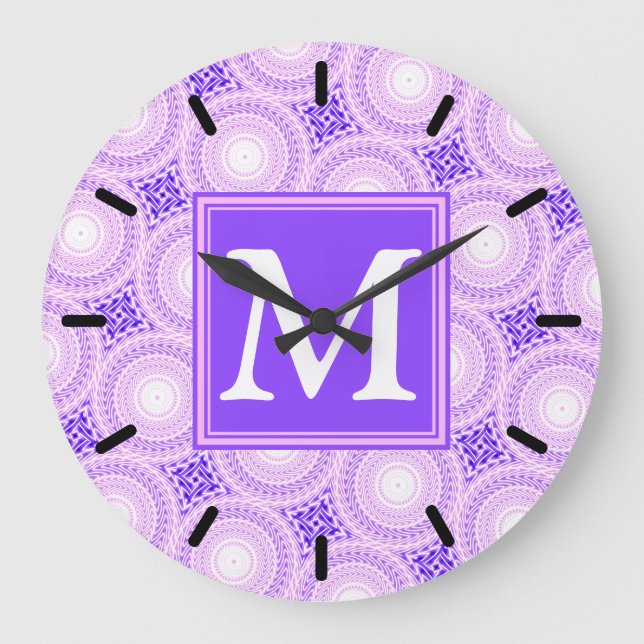 Monogramm lila Kreismuster Große Wanduhr (Vorderseite)