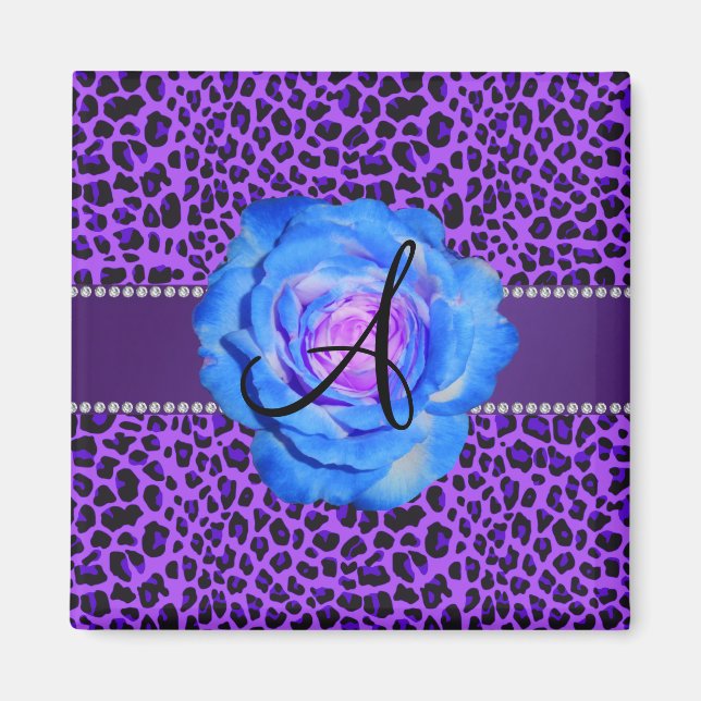 Monogramm lila Leopardenblauer Rose Magnet (Vorne)