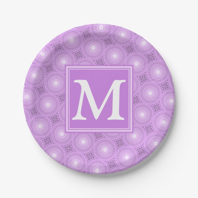 Monogramm-Lila-lila Kreismuster Pappteller (Vorderseite)