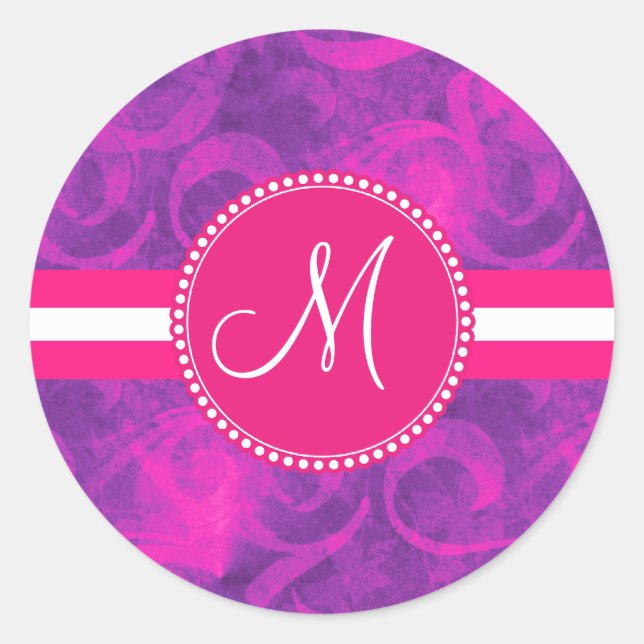 Monogramm Lila rosa Blumenwirbel Geblüht Muster Runder Aufkleber (Vorderseite)