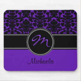 Monogramm-lila Schwarz-weißer Damast Mousepad