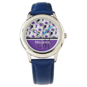 Monogramm-lila schwarzes Fußball-Ball-Muster Armbanduhr