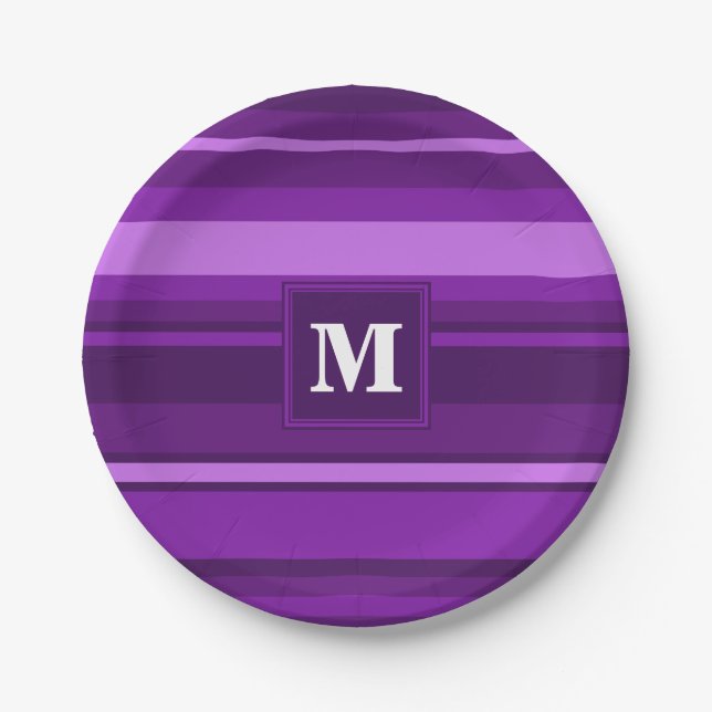 Monogramm lila Streifen Pappteller (Vorderseite)