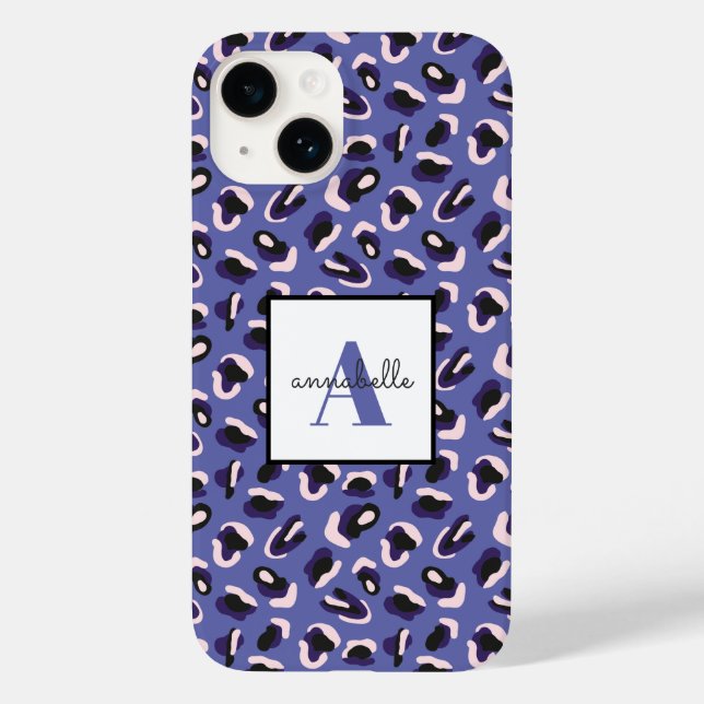 Monogramm Lila Tierleopard Personalisiert Case-Mate iPhone 14 Hülle (Rückseite)
