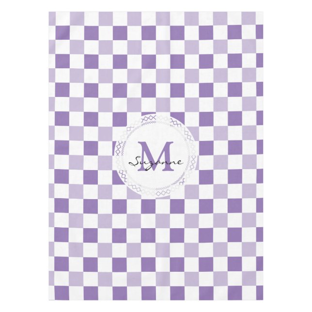 Monogramm-lila Ton-weißes Checkered Muster Tischdecke (Vorderseite)