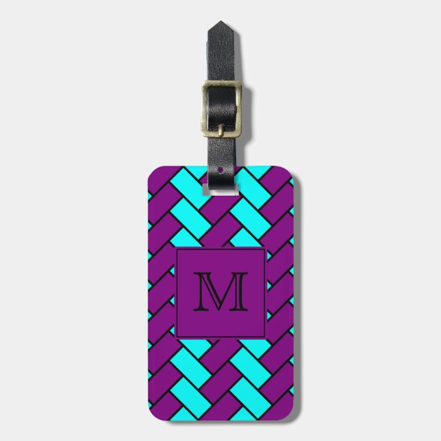 Monogramm lila und Aqua-Fischgrätenmuster Gepäckanhänger (Vorderseite vertikal)