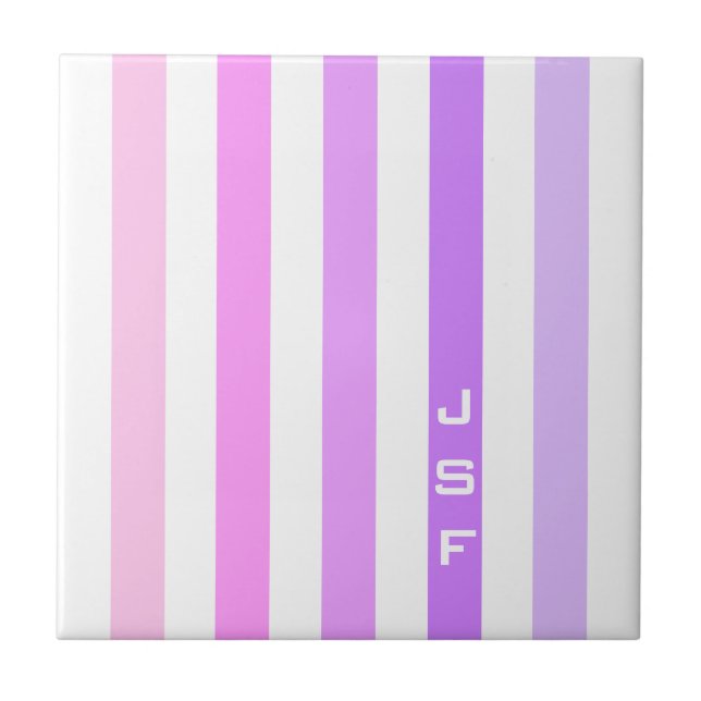 Monogramm lila und rosa vertikale Streifen Fliese (Vorderseite)