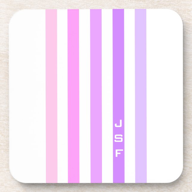 Monogramm lila und rosa vertikale Streifen Getränkeuntersetzer (Vorderseite)