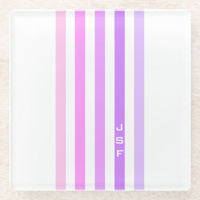 Monogramm lila und rosa vertikale Streifen Glasuntersetzer (Vorderseite)