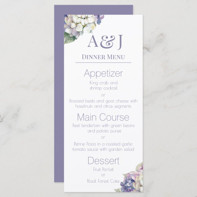 Monogramm Lila-Weiß-Hydrangeas Menükarte (Vorne/Hinten)