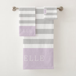 Monogramm Lilac und graue Streifen | Editierbare F Badhandtuch Set