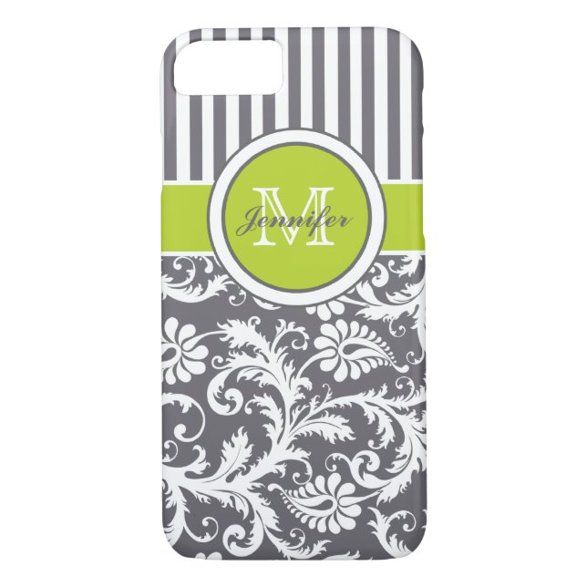 Monogramm Limoner, grauweißer Streifen Damask Case-Mate iPhone Hülle (Rückseite)