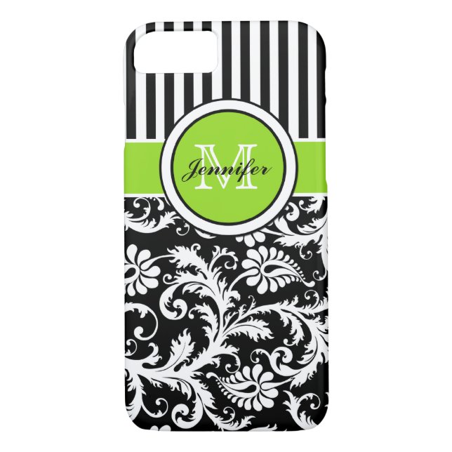 Monogramm Limoner Schwarz-weiß gestreifter Damask  Case-Mate iPhone Hülle (Rückseite)