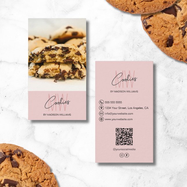 Monogramm Logo-Cookies Backery Foto QR Pink Visitenkarte (Monogram Logo Cookies Bakery Photo QR Pink Business Card)