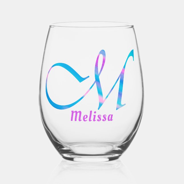 Monogramm "M" Abstrakter Frühlingspink Weinglas Ohne Stiel (Vorderseite)