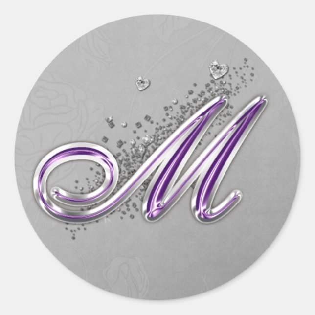 Monogramm M-Aufkleber für lila Glitzer Runder Aufkleber (Vorderseite)