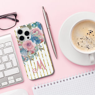 Monogramm M Glam Gold Streifen Pink Aqua Rosen Case-Mate iPhone Hülle