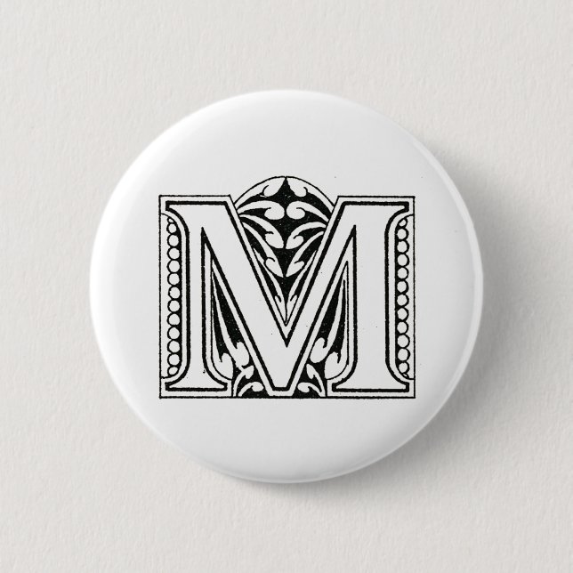 Monogramm M, Letter M, Alphabet M, Schwarz und Wei Button (Vorderseite)
