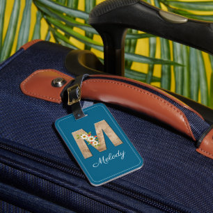 Monogramm M Türkis Holz Blumen Gepäckanhänger
