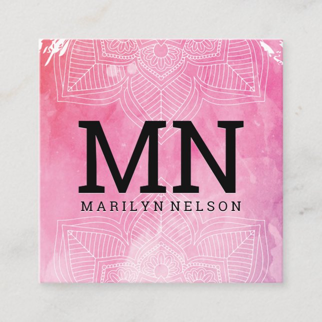 Monogramm | Mandala Print Watercolor Hintergrund Quadratische Visitenkarte (Vorderseite)