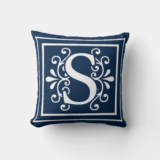 Monogramm-Marine-Blau-Weiß des Buchstabe-S Kissen (Vorderseite)