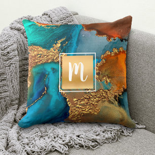 Monogramm Marmor Aquarellgold Türkis Orange Kissen