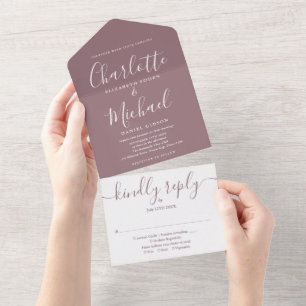 Monogramm Mauve Moderne Schreibschrift Hochzeit All In One Einladung