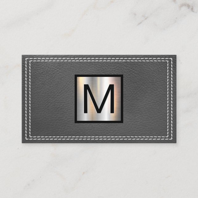 Monogramm Metallic | Doppelgeheftes graues Leder Visitenkarte (Vorderseite)