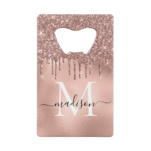 Monogramm Metallisch Roségold Rosa Glittertropfen Geldbeutel Flaschenöffner
