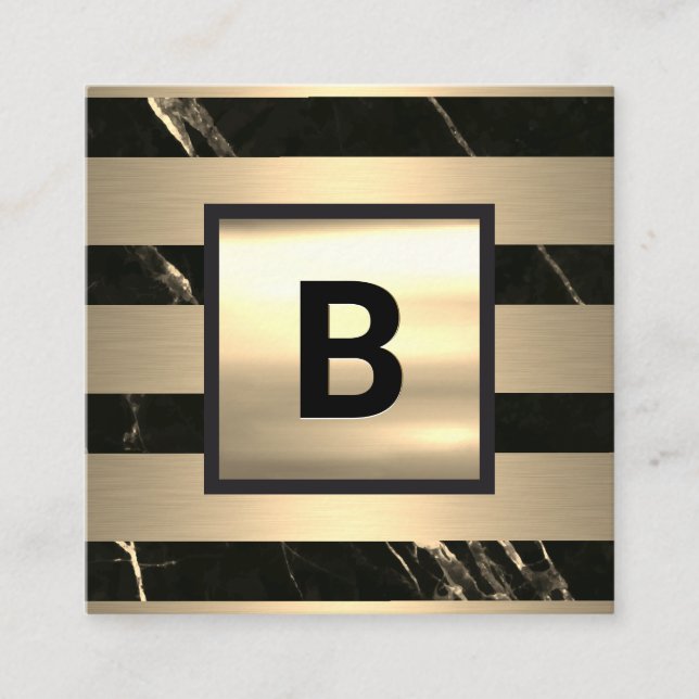 Monogramm | Metallstreifen | Schwarzer Goldmarmor Quadratische Visitenkarte (Vorderseite)