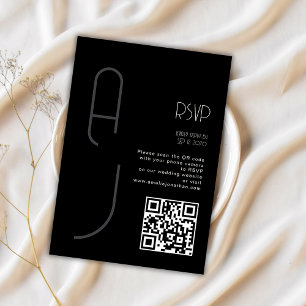 Monogramm-Minimal-Hochzeit-Qr-Code Schwarz RSVP Karte
