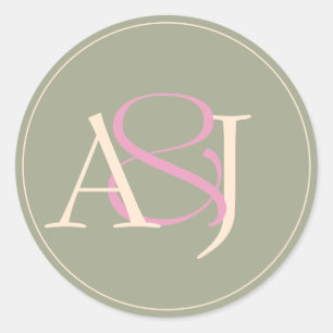 Monogramm-Minimalist-Hochzeit in Salbeigrün und Ro Runder Aufkleber