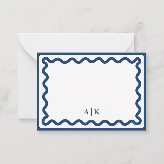 Monogramm Minimalistisch Navy Blue Wavy Border Mitteilungskarte (Vorderseite)