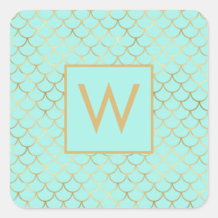 Monogramm-Mint- und Gold-Meerjungfrau-Schuppen Quadratischer Aufkleber