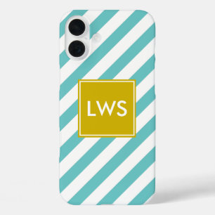 Monogramm Minze und gelbe Diagonalstreifen iPhone 16 Plus Hülle