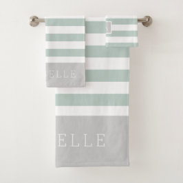 Monogramm Minze und graue Streifen | Editierbare F Badhandtuch Set