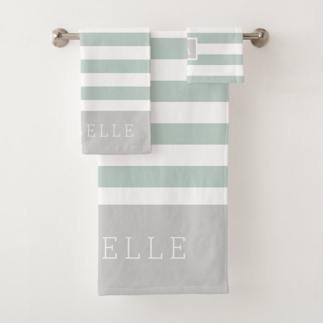 Monogramm Minze und graue Streifen | Editierbare F Badhandtuch Set (Insitu)
