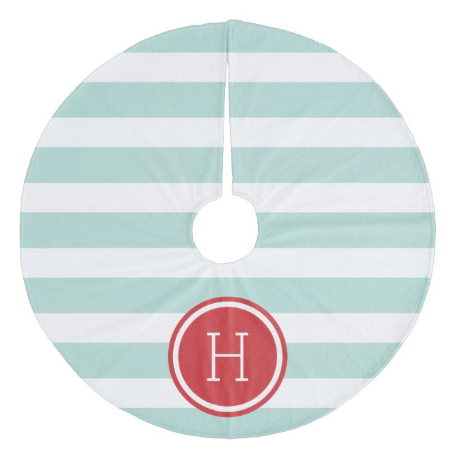 Monogramm Minze und Rote Preppy-Streifen Fleece Weihnachtsbaumdecke (Vorderseite)