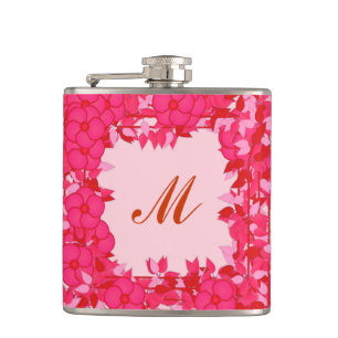 Monogramm mit Blumen gerahmt - Fuchsienrot und Ros Flachmann