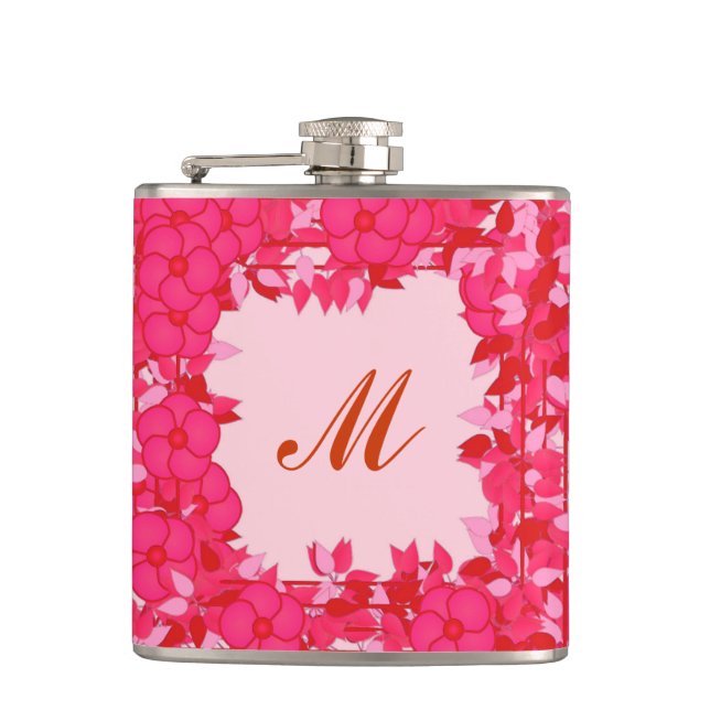 Monogramm mit Blumen gerahmt - Fuchsienrot und Ros Flachmann (Vorderseite)