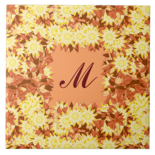 Monogramm mit Blumen gerahmt - Kakao und Gelb Fliese