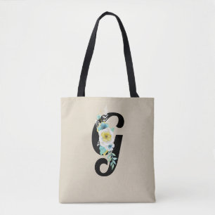 Monogramm mit floralem Sprühnebel in Weiß und Aqua Tasche