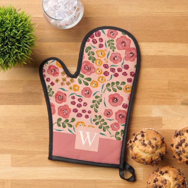 Monogramm mit handbemaltem Blütenpinsel Ofenhandschuh (Oben unten)