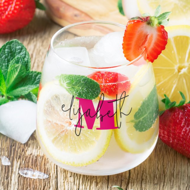 Monogramm mit handgeschriebenem Namen Weinglas Ohne Stiel (Hand Scripted Name Monogrammed Stemless Wine Glass)