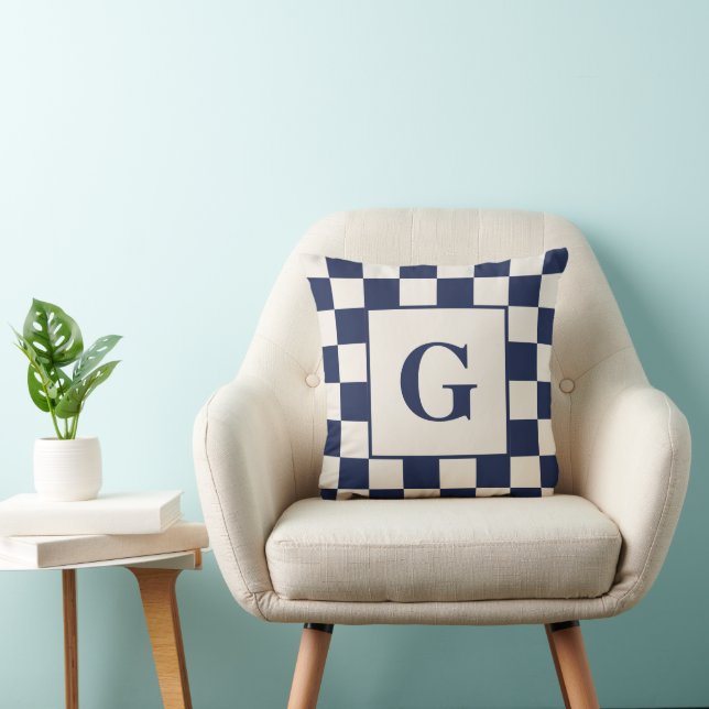 Monogramm mit karierten Grenzen für die Marine Kissen (Stuhl )