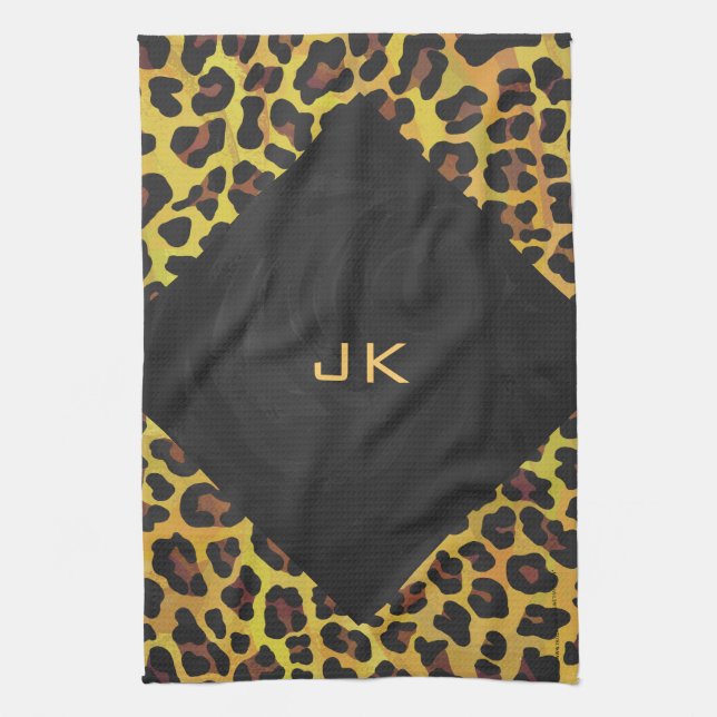 Monogramm mit Leopard Brown und Gelb Geschirrtuch (Vertikal)