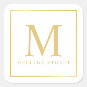 Monogramm mit weißer und goldener Eleganz Quadratischer Aufkleber
