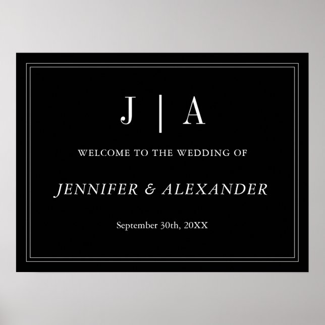 Monogramm Moderne einfache Schwarz-Weiß-Hochzeit Poster (Vorne)